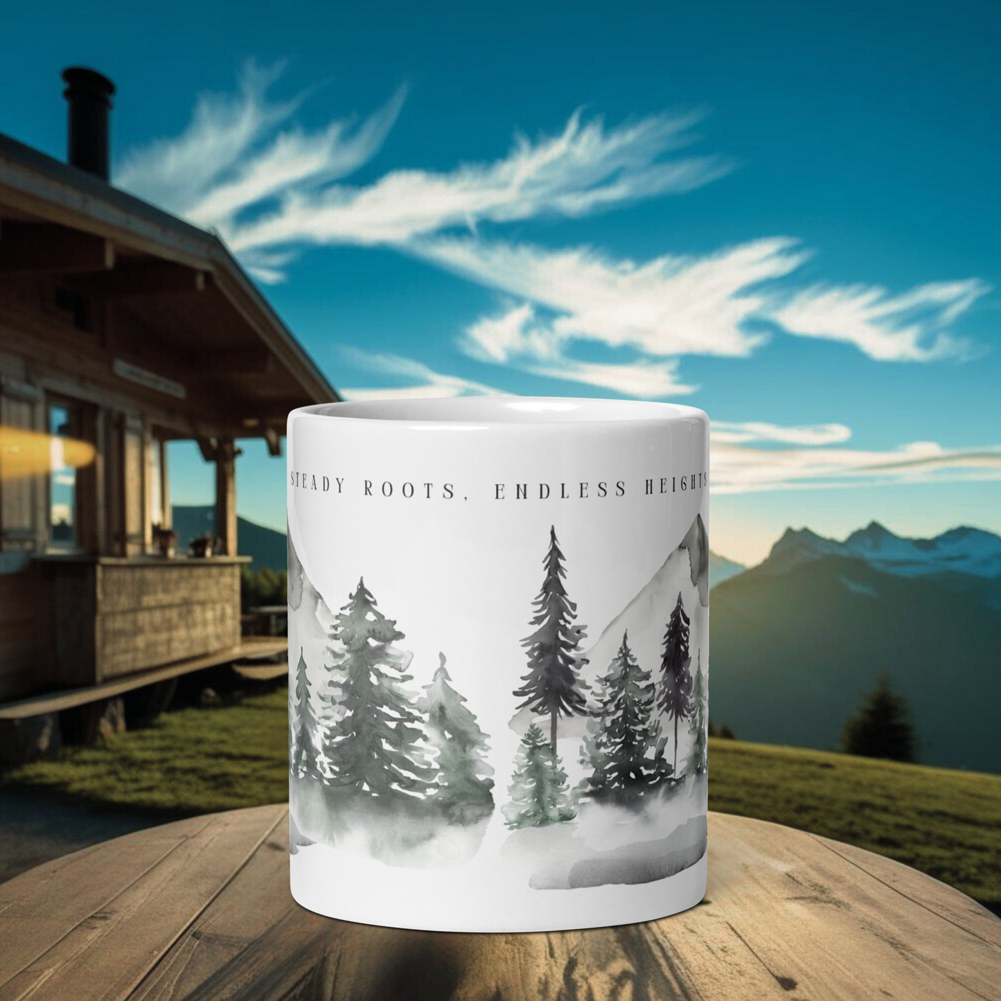 Steady Roots, Endless Heights – Kaffeetasse für Naturliebhaber, Entdecker, Familie, persönliches Wachstum | Wald Berg Mond | 11, 15, 20 oz