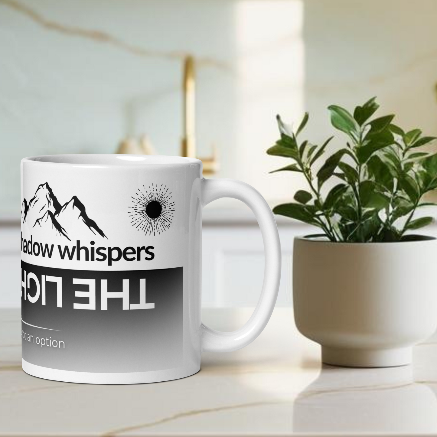Motivations-Tasse „Even the Darkest Shadow whispers: The light is near“ – Kaffeetasse | Macher, Abenteurer, Reisende | Natur | Keramik