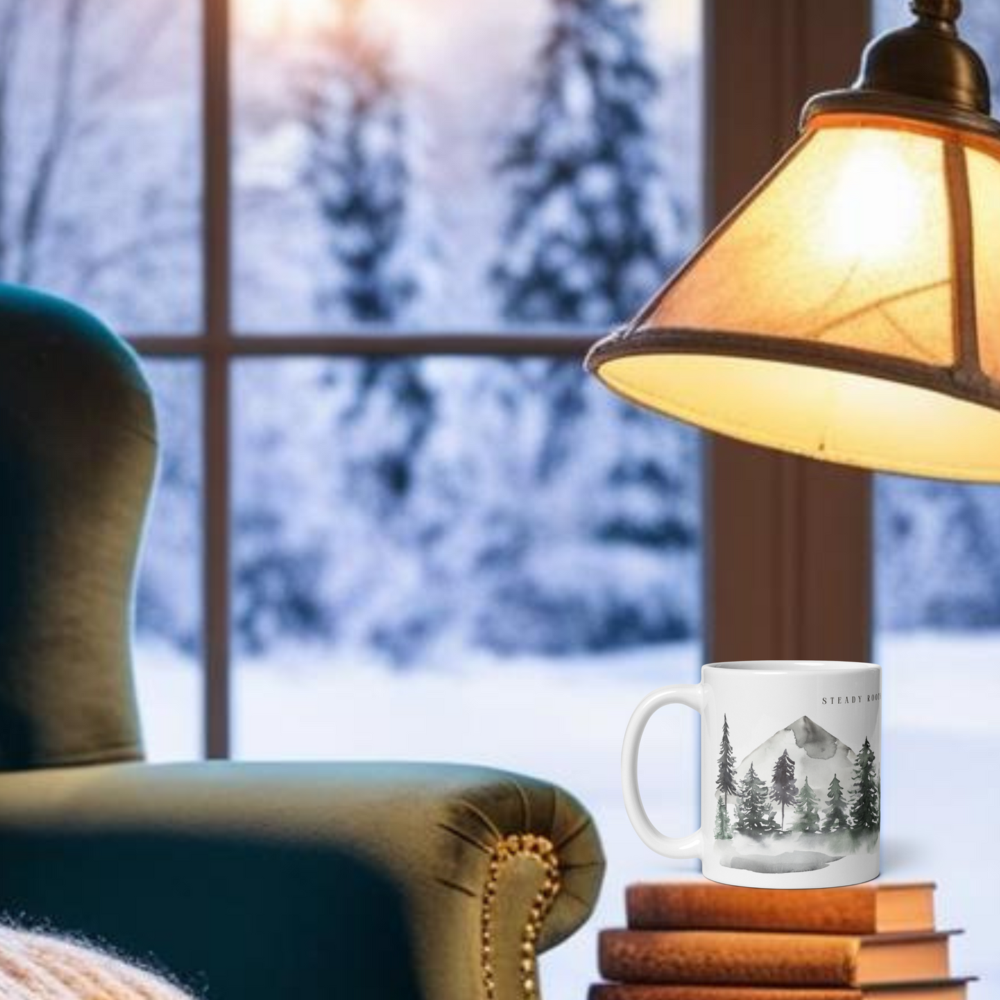 Steady Roots, Endless Heights – Kaffeetasse für Naturliebhaber, Entdecker, Familie, persönliches Wachstum | Wald Berg Mond | 11, 15, 20 oz