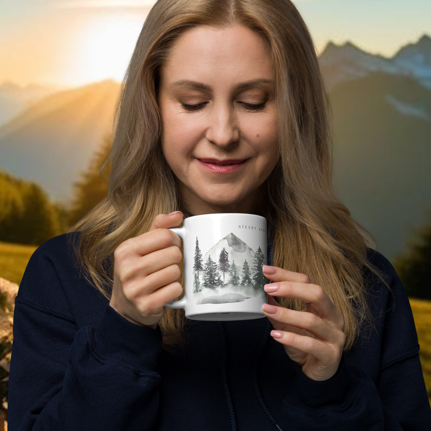 Steady Roots, Endless Heights – Kaffeetasse für Naturliebhaber, Entdecker, Familie, persönliches Wachstum | Wald Berg Mond | 11, 15, 20 oz