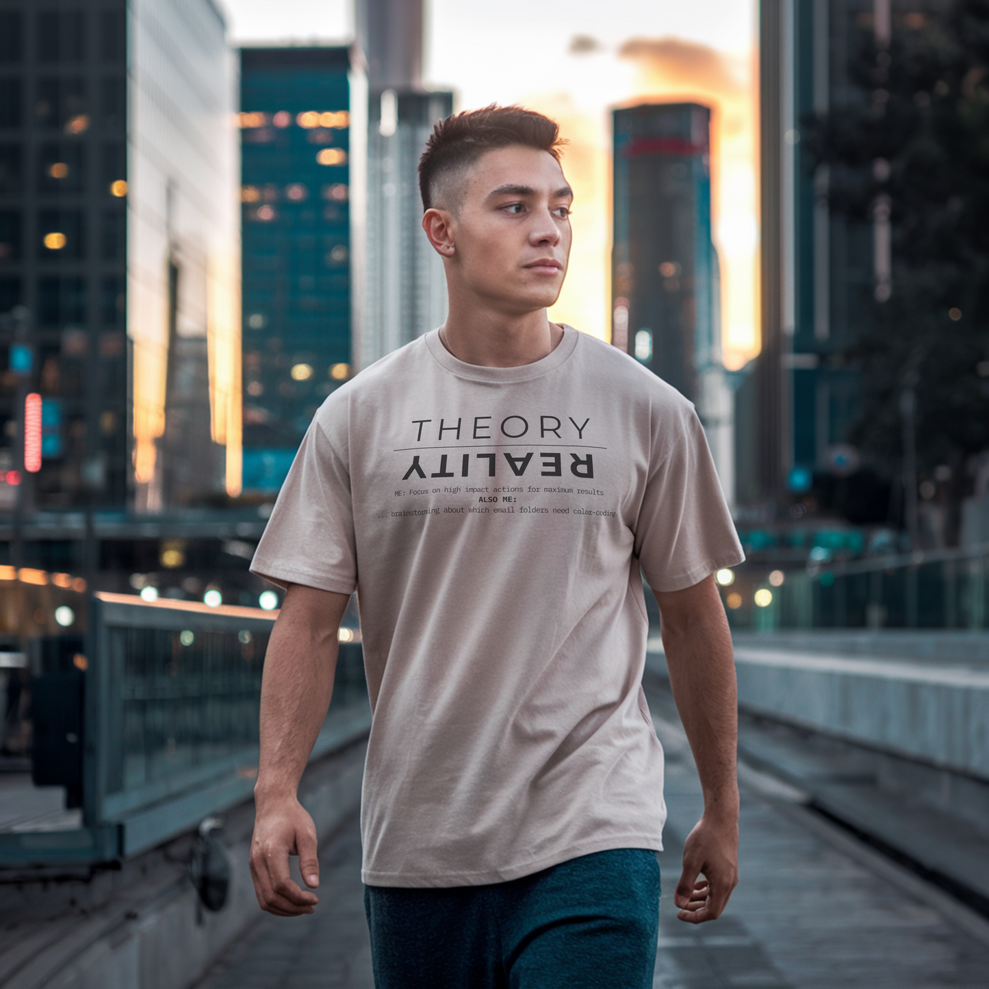 Theory vs. Reality T-Shirt – Witziges Motivationsshirt | Selbstironie | Mindset T-Shirt | Minimalistisches Design | Unisex T-Shirt