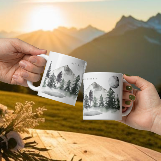 Steady Roots, Endless Heights – Kaffeetasse für Naturliebhaber, Entdecker, Familie, persönliches Wachstum | Wald  Berg Mond | 11, 15, 20 oz