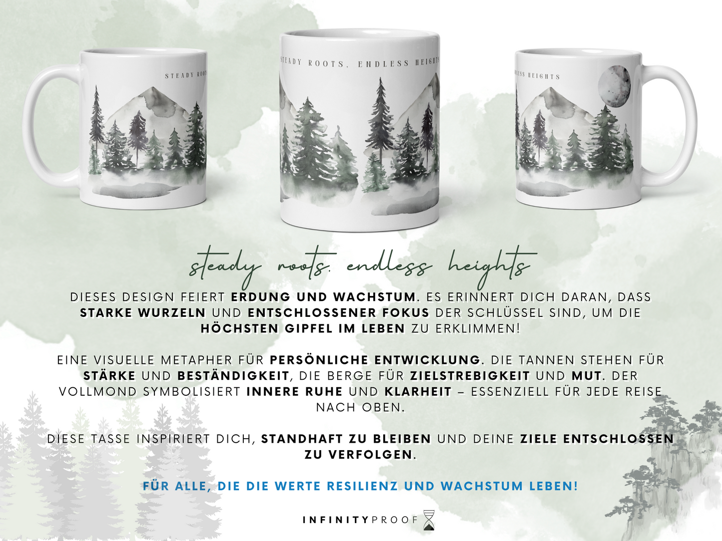 Steady Roots, Endless Heights – Kaffeetasse für Naturliebhaber, Entdecker, Familie, persönliches Wachstum | Wald  Berg Mond | 11, 15, 20 oz